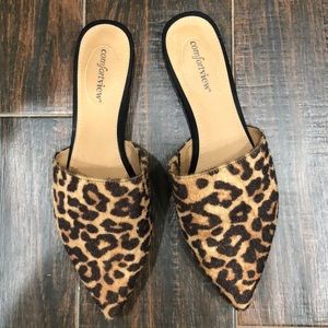 Faux fur faux hide slip on mule leopard